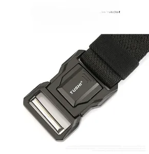 Detail shot of the black zinc alloy quick release tactical buckle on nylon belt