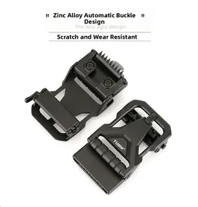 Detail of matte black zinc alloy automatic buckle with scratch-resistant metal texture