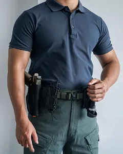 Close-up of tactical nylon belt with MOLLE system featuring quick-release buckle and holster