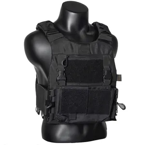 Tactical vest with MOLLE system in durable black nylon fabric on a mannequin torso