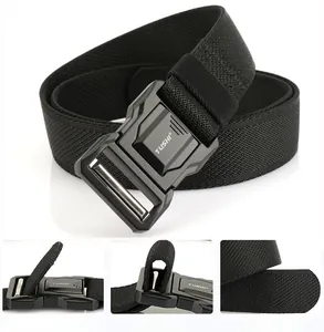 Detail of black nylon tactical belt featuring a quick-release metal buckle and woven texture