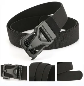 Detail view of black tactical belt with quick-release metal buckle and nylon webbing