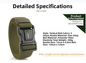 Detail view of nylon tactical belt featuring a zinc alloy buckle and elastic fabric strap