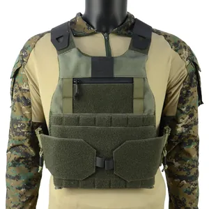 Ranger green tactical vest with MOLLE system and adjustable straps on mannequin
