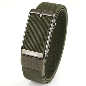 Elastic military green woven belt for men with a dark grey metal automatic buckle
