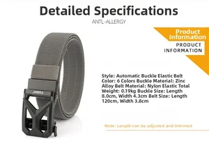 Detailed size chart of grey nylon web belt with black zinc alloy automatic buckle