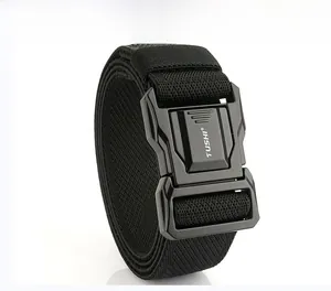 Close-up of tactical nylon belt featuring a quick-release alloy buckle and sturdy black weave