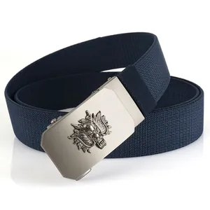 Men's navy blue stretch woven belt with silver-toned zodiac dragon automatic buckle