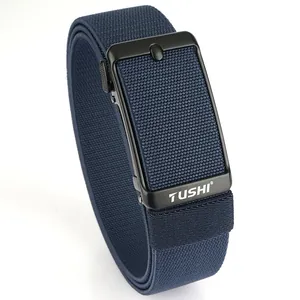 Elastic stretch woven belt for men with matte black buckle and deep blue canvas strap