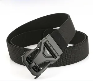 Detail of matte black tactical buckle and heavy-duty nylon webbing for military belts