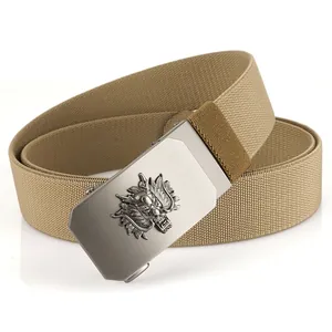 Khaki tactical woven belt with silver alloy buckle featuring a detailed dragon relief