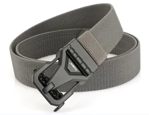 Detailed close-up of dark grey nylon tactical belt with a black matte quick-release buckle