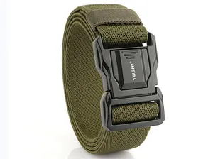Detail of olive green nylon tactical belt with matte black quick release alloy buckle