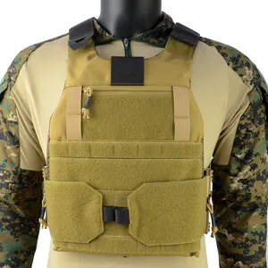 Front view of coyote brown tactical plate carrier vest with MOLLE system and velcro