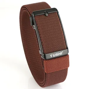 Brown elastic woven belt for men with a matte black automatic buckle on white background