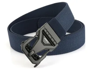 Tactical matte black automatic buckle detail with embossed logo on navy nylon woven belt