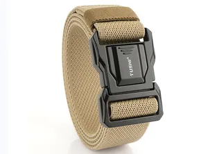 Close-up of tactical nylon belt with khaki webbing and quick release black alloy buckle