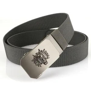 Deep grey woven elastic belt with premium brushed metal buckle featuring a dragon relief