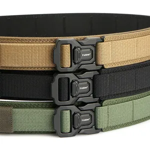 Three tactical nylon belts in khaki, black, and army green with quick release buckles