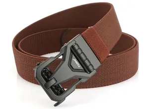 Detailed macro of a brown elastic nylon tactical belt featuring a black metal buckle