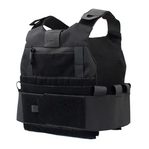 Tactical vest with MOLLE system in black nylon shown from a 45-degree angle