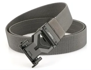 Macro detail of high-density nylon braided belt with matte black tactical buckle and logo