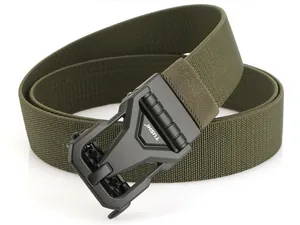 Detail of army green nylon tactical belt with matte black quick-release buckle