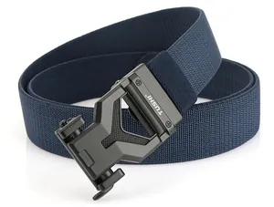 Detail of navy blue stretch woven belt featuring a matte black tactical alloy buckle