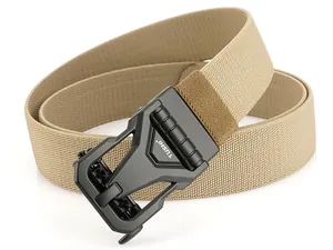 Macro view of khaki tactical nylon belt showing weaving texture and black metal quick-release buckle