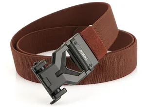 Detail of brown braided elastic belt with matte black alloy automatic buckle mechanism