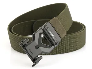 Close-up of military green woven elastic belt with durable black alloy buckle