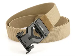 Close-up of tactical khaki nylon woven belt featuring a black metal quick-release buckle