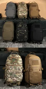 Detailed view of tactical backpacks in multiple colors with Molle system and sturdy handles