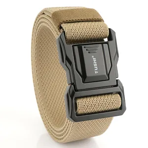 Men's khaki nylon tactical belt with black quick-release alloy buckle for hiking