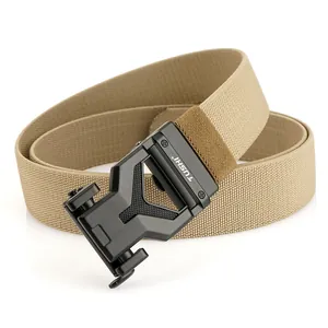Men's khaki elastic woven tactical belt with premium matte black alloy automatic buckle