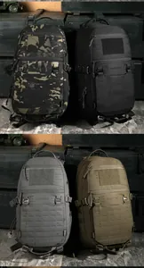 Tactical assault backpacks in camo, black, grey, and green with MOLLE system and brand logo