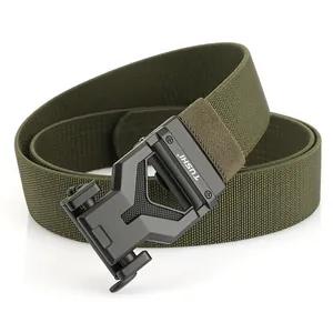 Army green nylon tactical belt for men with a black matte alloy quick-release buckle