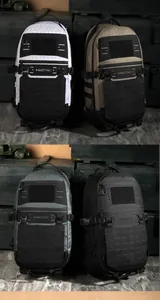 Detail of four tactical backpacks featuring laser-cut MOLLE systems and waterproof fabric
