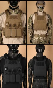Front and back views of tactical vest in coyote brown and black with laser cut MOLLE