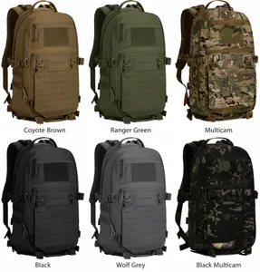 Tactical backpack options in various camouflage and solid colors with MOLLE system