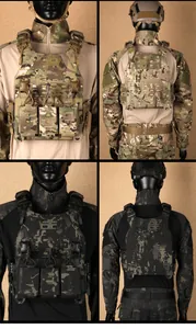 Front and back detail of laser cut MOLLE tactical vest in Multicam and Black camo