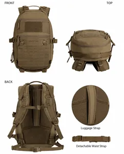 Tactical backpack details showing MOLLE system, velcro panel and luggage strap features