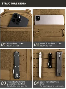Detailed views of coyote tan tactical backpack with MOLLE system and zipper pockets