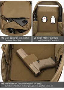 Detail view of the interior compartments and modular mesh pockets of a tactical backpack