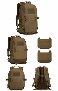 Detail of Coyote Brown 500D nylon tactical backpack with MOLLE panels and MASTTAC branding