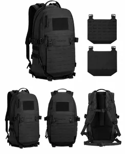 Detailed views of black tactical backpack with MOLLE system and modular attachment panels