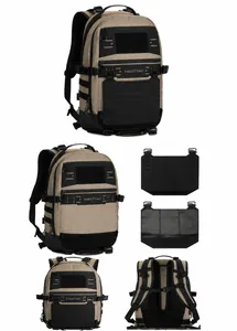Detailed view of Bean Sand Grey tactical backpack with MOLLE system and ripstop fabric