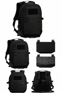Detailed views of black tactical backpack with MOLLE system and breathable mesh back