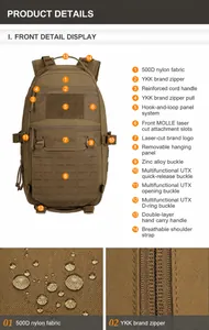 Detailed view of tactical backpack with YKK zippers and laser-cut MOLLE system