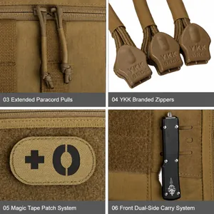 Detail view of khaki tactical backpack with YKK zippers, paracord pulls and velcro area